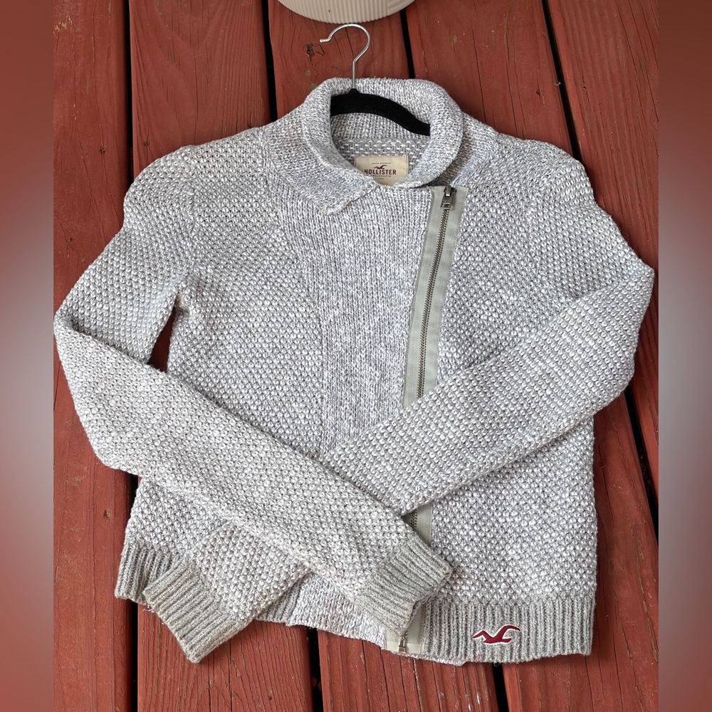Hollister Women Gray Asymmetrical Zip Moto Knit Sweater Jacket Small women’s XS